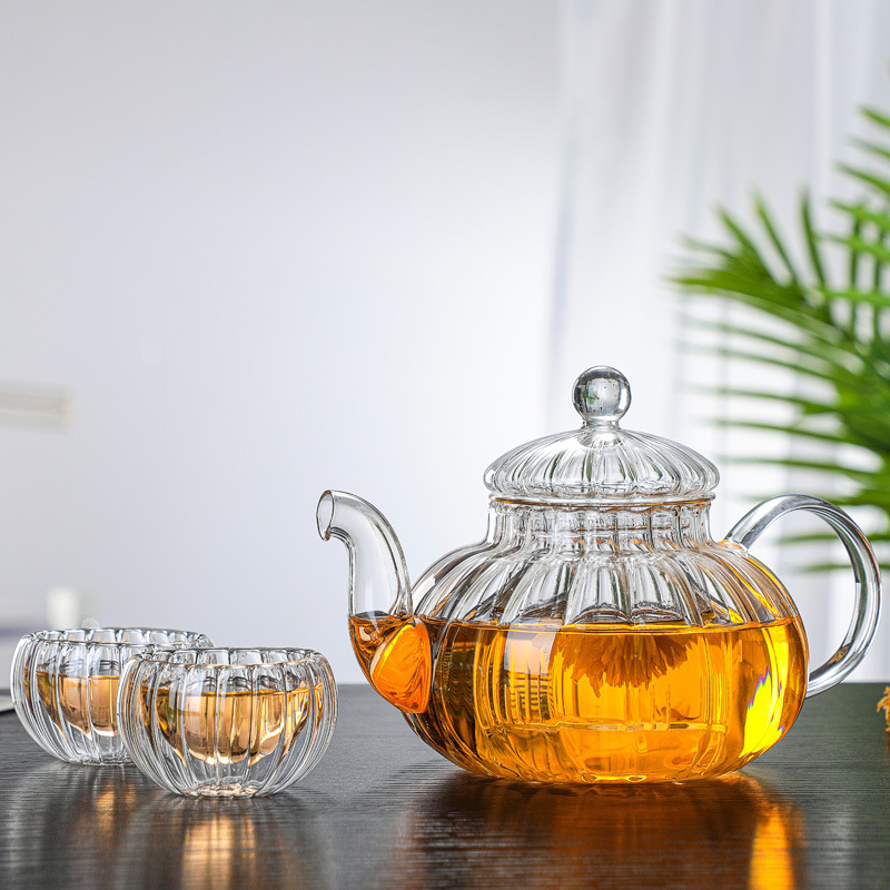 Heat-Resistant Glass Teapot Stripesd Pot Filter Pumpkin Teapot Transparent Flower Teapot Household Glass Teapot Health Care