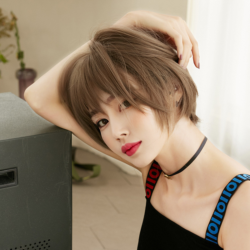 New Wig for Women with Short Hair, Internet Celebrity Bob, Round Face, Whole Headgear, Handsome Short Broken Hair, Elegant Bangs Hair Cover