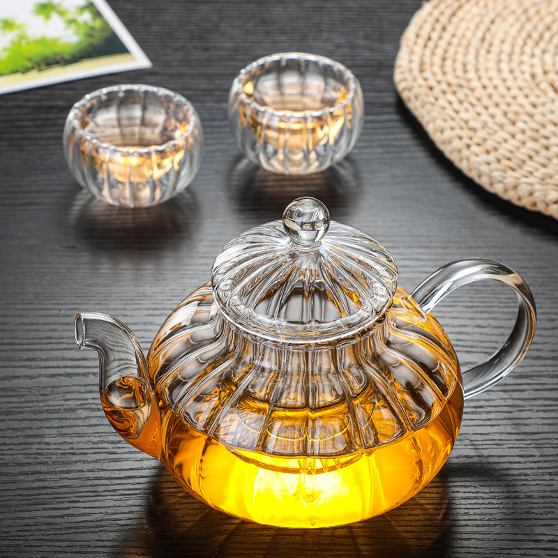 Heat-Resistant Glass Teapot Stripesd Pot Filter Pumpkin Teapot Transparent Flower Teapot Household Glass Teapot Health Care