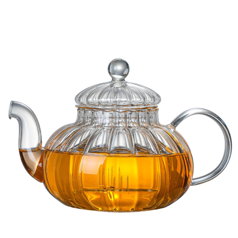 Heat-Resistant Glass Teapot Stripesd Pot Filter Pumpkin Teapot Transparent Flower Teapot Household Glass Teapot Health Care