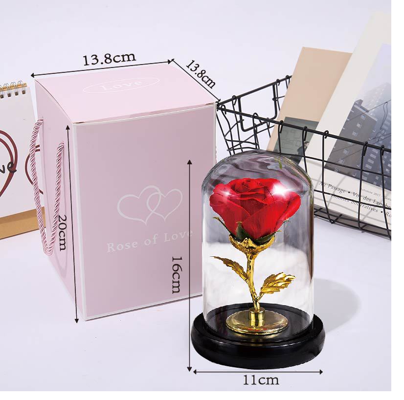 Preserved Flower in Glass Dome with Gold Foil Rose, Led Light, Creative Handmade DIY Ornament, Qixi Valentine's Day Gift, Cross-Border