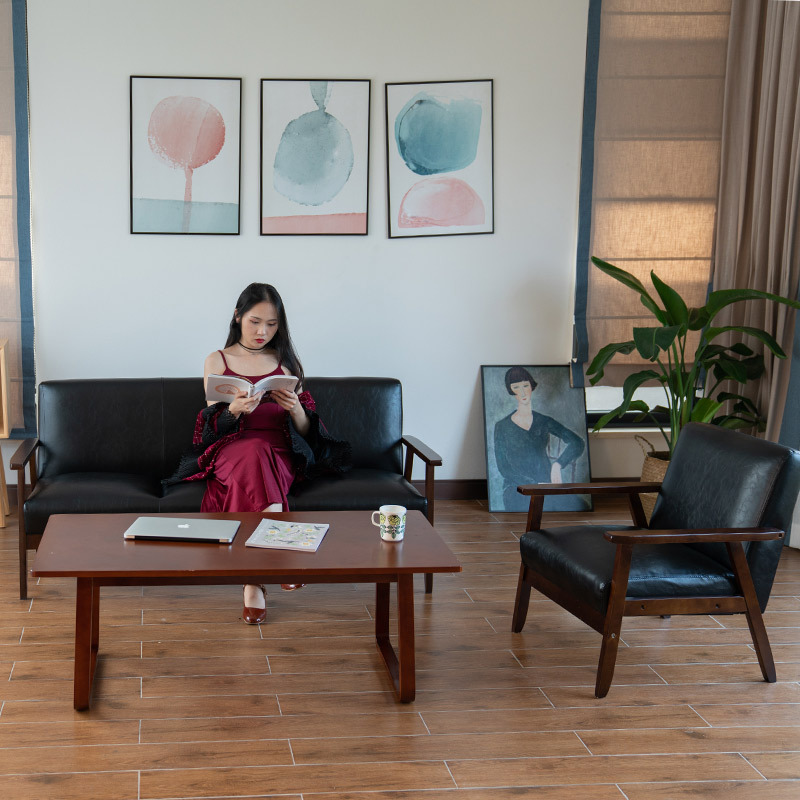 Small Leather Sofa Simple Room Single Double Two or Three Person Solid Wood Fabric Simple Living Room Small Apartment Small Sofa
