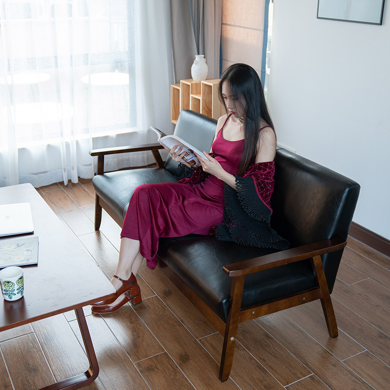 Small Leather Sofa Simple Room Single Double Two or Three Person Solid Wood Fabric Simple Living Room Small Apartment Small Sofa