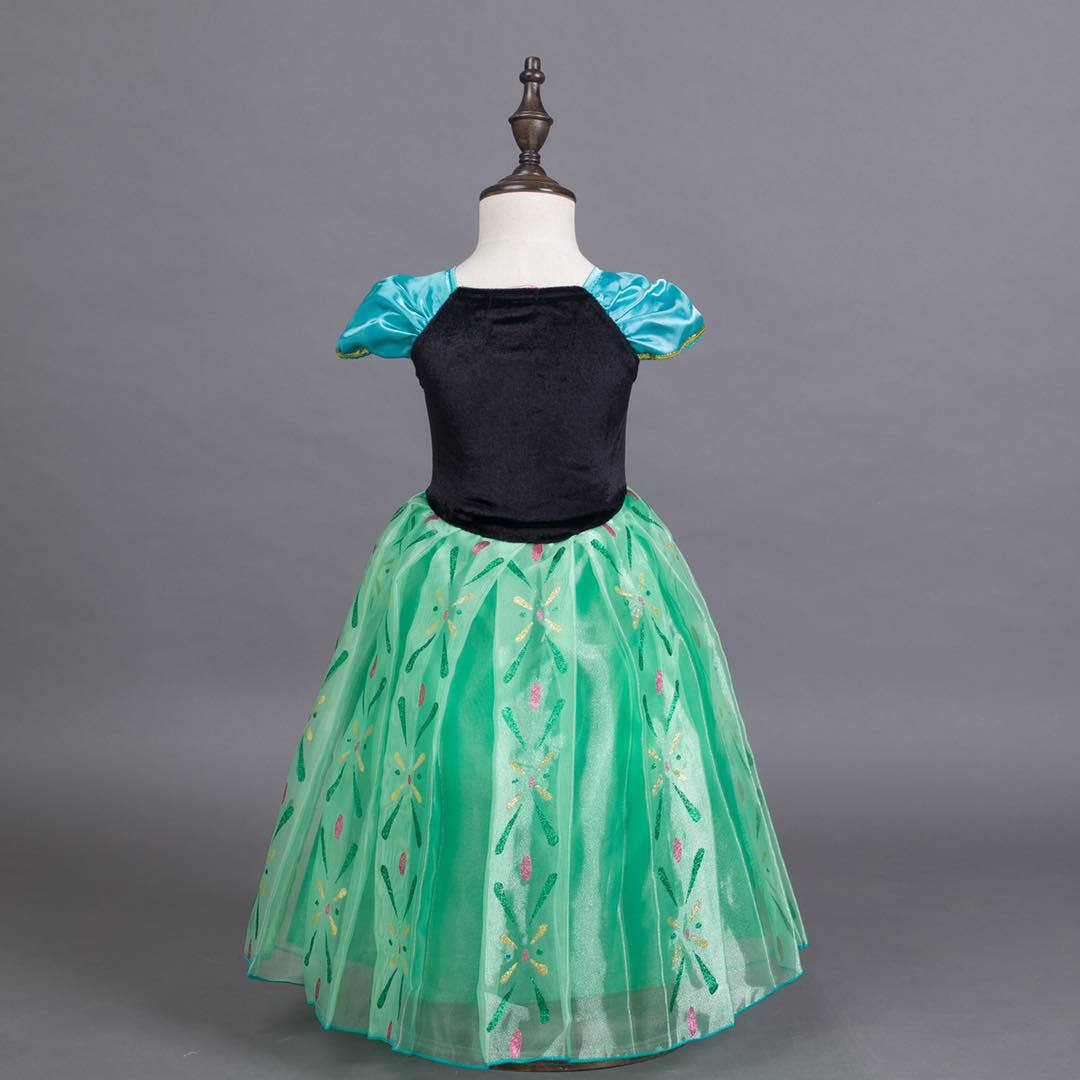 2022 Summer Frozen Green Princess Anna Girls' Short-sleeved Dress Fold Dress European and American Birthday Performance Dress