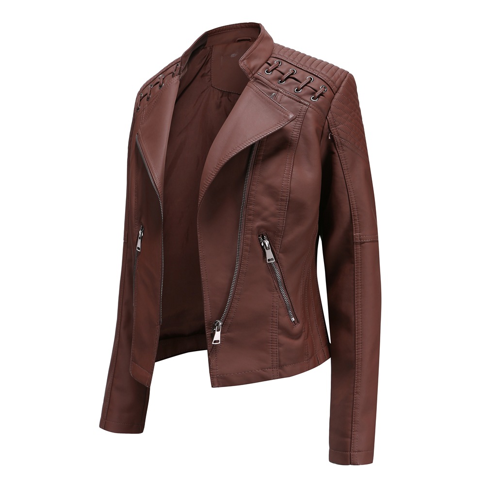 2023 Cross-Border European Size New Spring and Autumn Women's Leather Jacket Women's Short Jacket Slim Thin Leather Jacket Women's Motorcycle Wear
