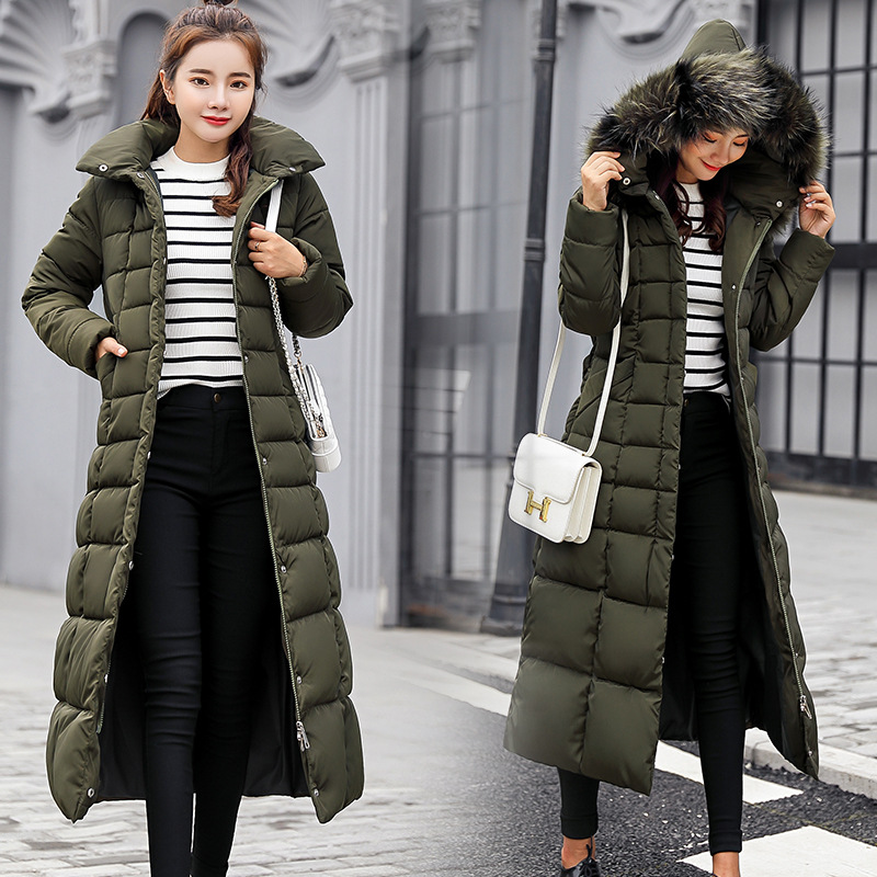 Cross-Border 2024 New Winter Style Large Fur Collar Cotton Coat for Women, Slim Fit Thickeneded Cotton Jacket for Women, Korean Style Long Over-The-Knee Cotton Coat for Women