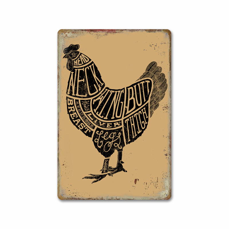 2024 new foreign trade chickens rooster retro tin painting farm background wall frameless decorative mural
