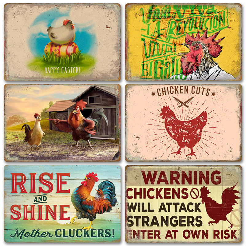 2024 new foreign trade chickens rooster retro tin painting farm background wall frameless decorative mural