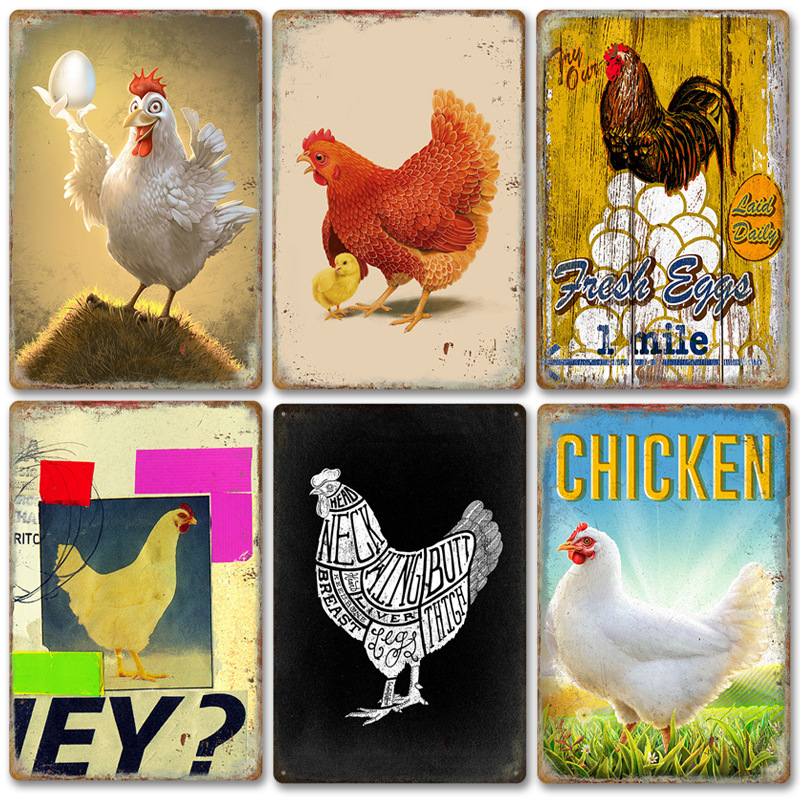2024 new foreign trade chickens rooster retro tin painting farm background wall frameless decorative mural