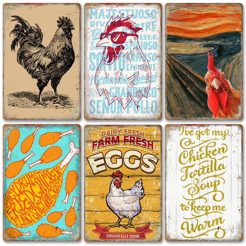 2024 new foreign trade chickens rooster retro tin painting farm background wall frameless decorative mural