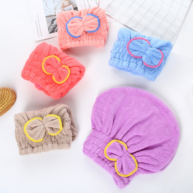 Women's Water Absorbent Easy to Dry Fine Fiber Bow Hair Drying Cap Easy to Dry Thickened Coral Fleece Hair Drying Cap