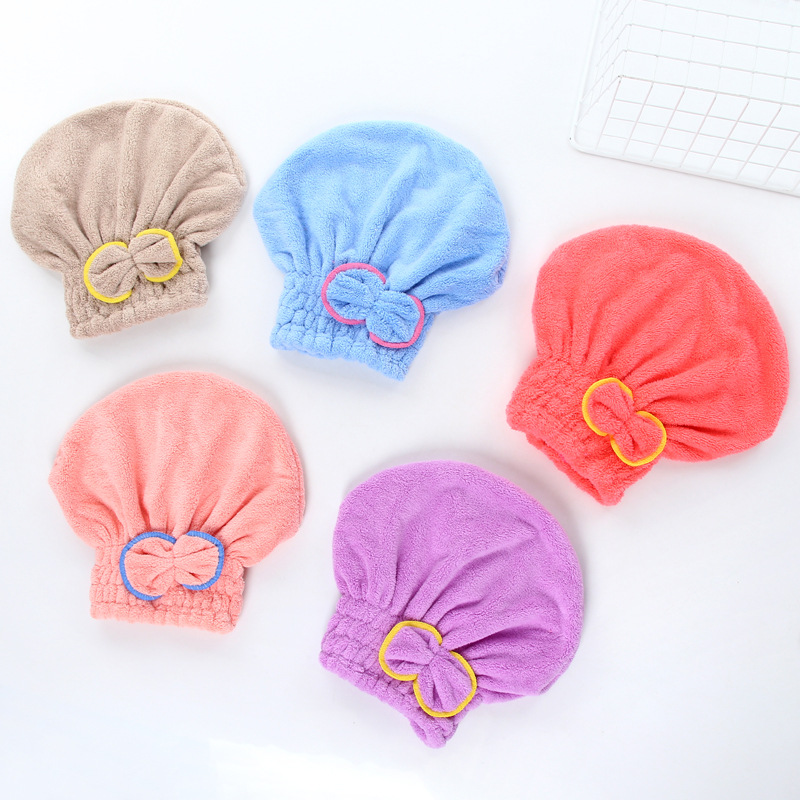 Women's Water Absorbent Easy to Dry Fine Fiber Bow Hair Drying Cap Easy to Dry Thickened Coral Fleece Hair Drying Cap
