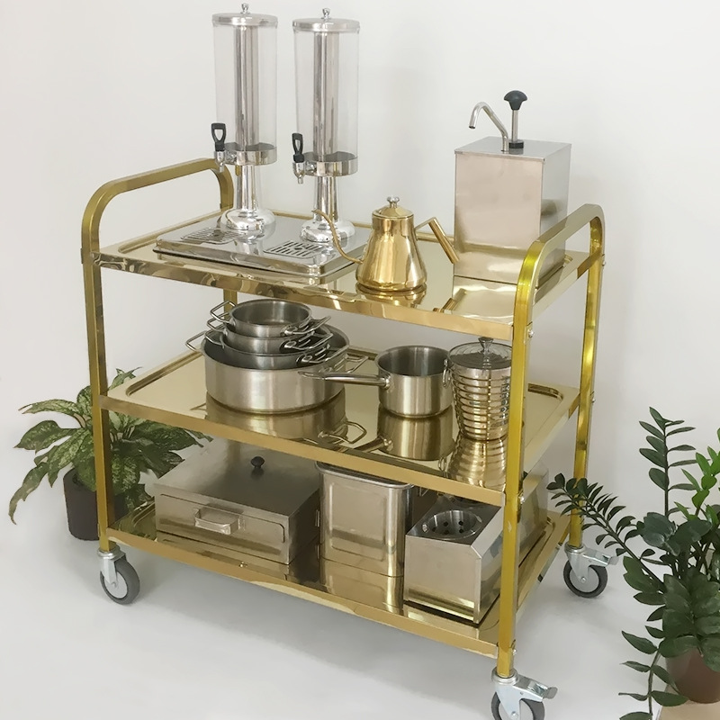 Stainless steel dining car three-layer disassembly square tube hotel cart three-layer gold-plated room service car thickened kitchen car