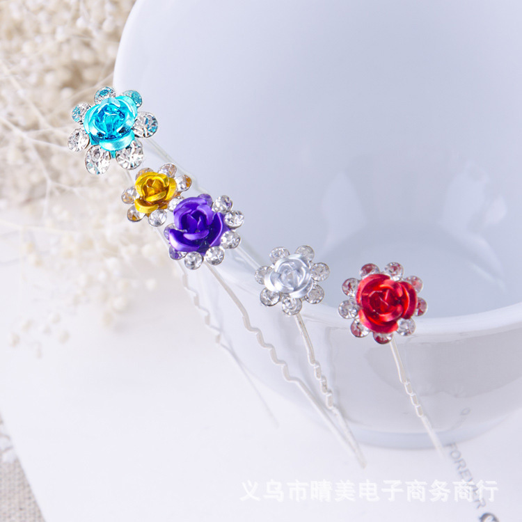 Cross-border supply of alloy diamond rose flower hair fork bride coil hair U-clip pin hair pin hairpin head jewelry