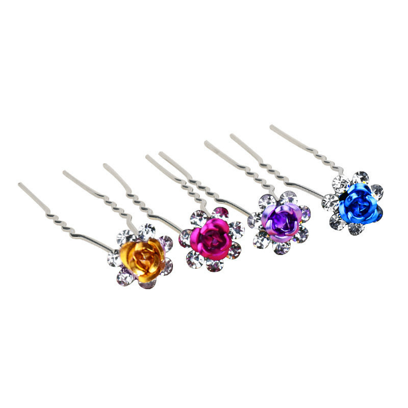 Cross-border supply of alloy diamond rose flower hair fork bride coil hair U-clip pin hair pin hairpin head jewelry