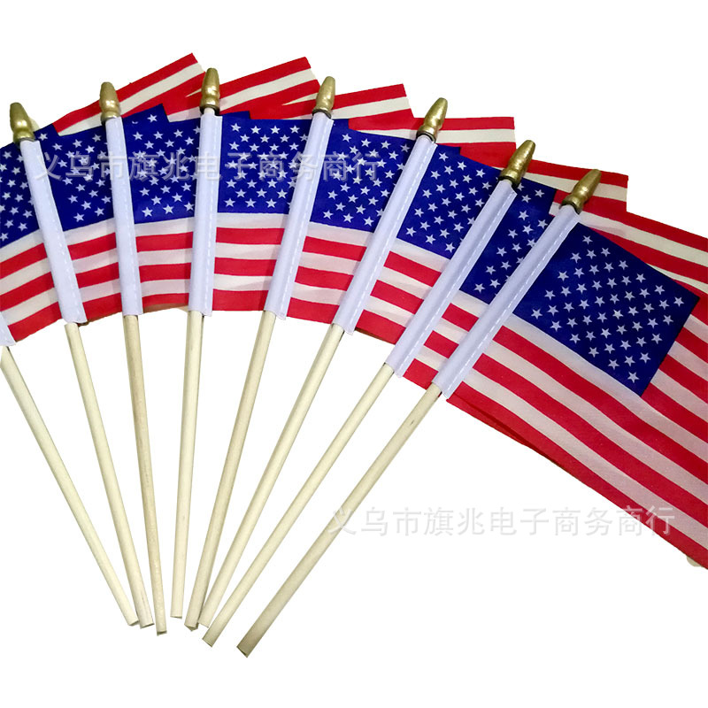 American Flag Flag Wooden Pointed Wooden Pole Polyester Double-Sided Printing High-End Wooden Hand-Waving Flag Factory Direct Sale
