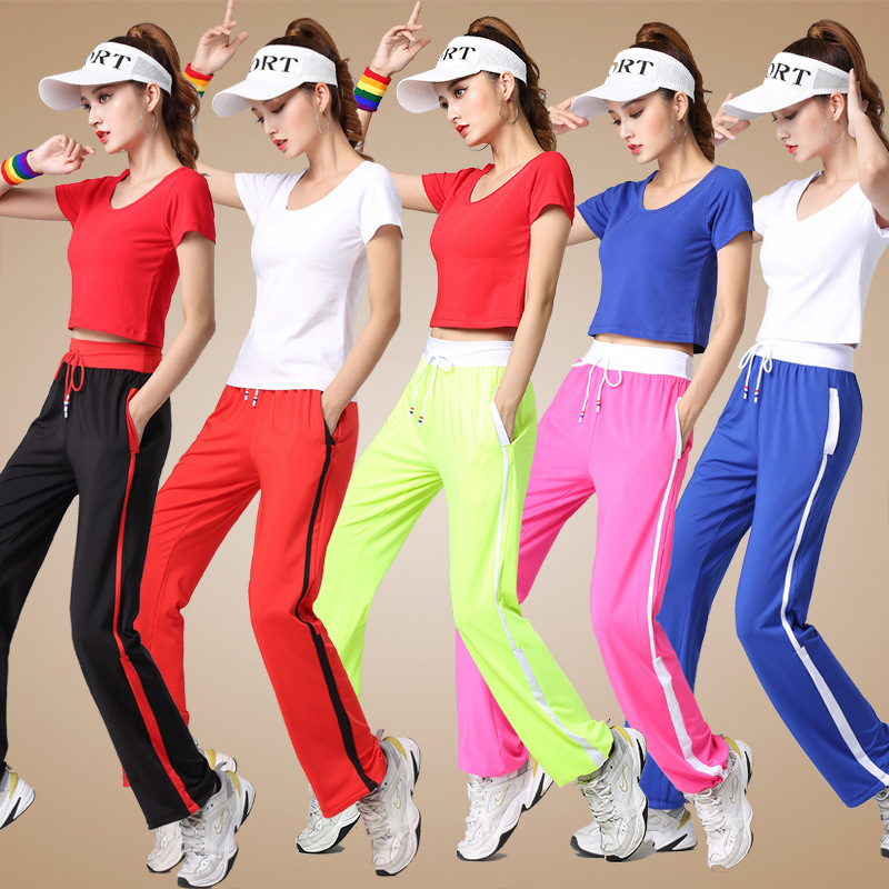 Tingzi Square Dance Clothing New Suit Solid Color Sports Fitness Leisure Cotton Summer Short-sleeved T-shirt Women's ins Trendy
