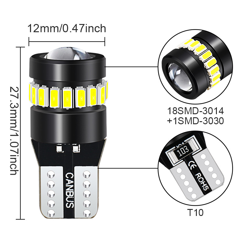Popular Car Led Car Light T10 Width Indicator Light 3014+18Smd with Lens Decoding License Plate Light 3030 Instrument Light