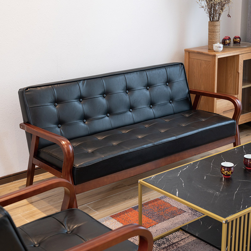 Leather Art Sofa Small Apartment Scandinavian Retro Bent Wood Armrest Single Double Three Person Simple Living Room Popular Sofa
