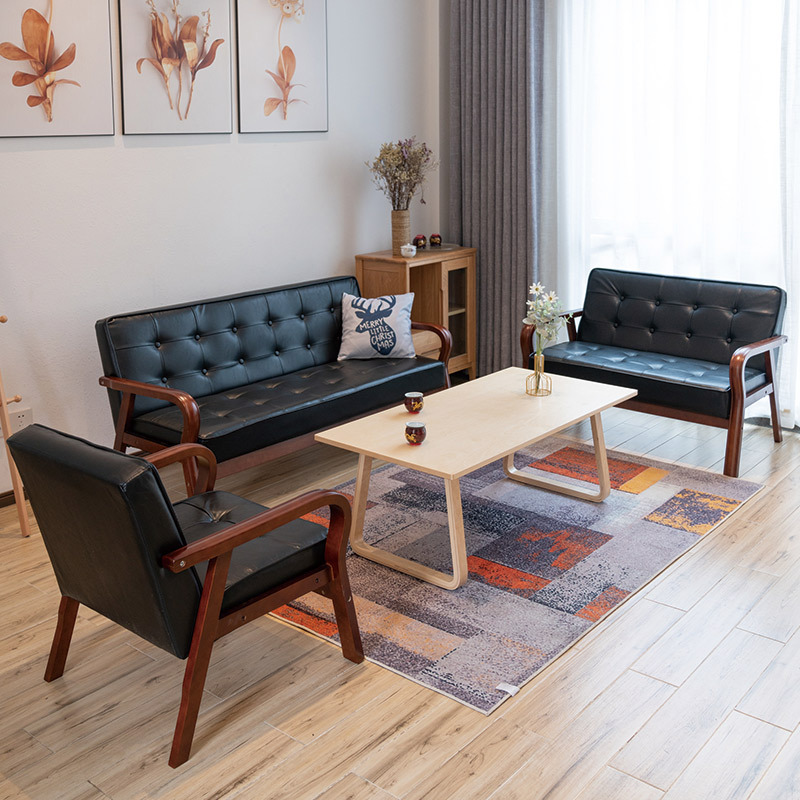Leather Art Sofa Small Apartment Scandinavian Retro Bent Wood Armrest Single Double Three Person Simple Living Room Popular Sofa