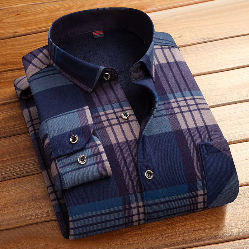 Autumn and Winter Velvet Warm Shirt New Men's Long-Sleeved Velvet Shirt Plaid Non-Iron Middle-Aged and Elderly Casual Dad Wear