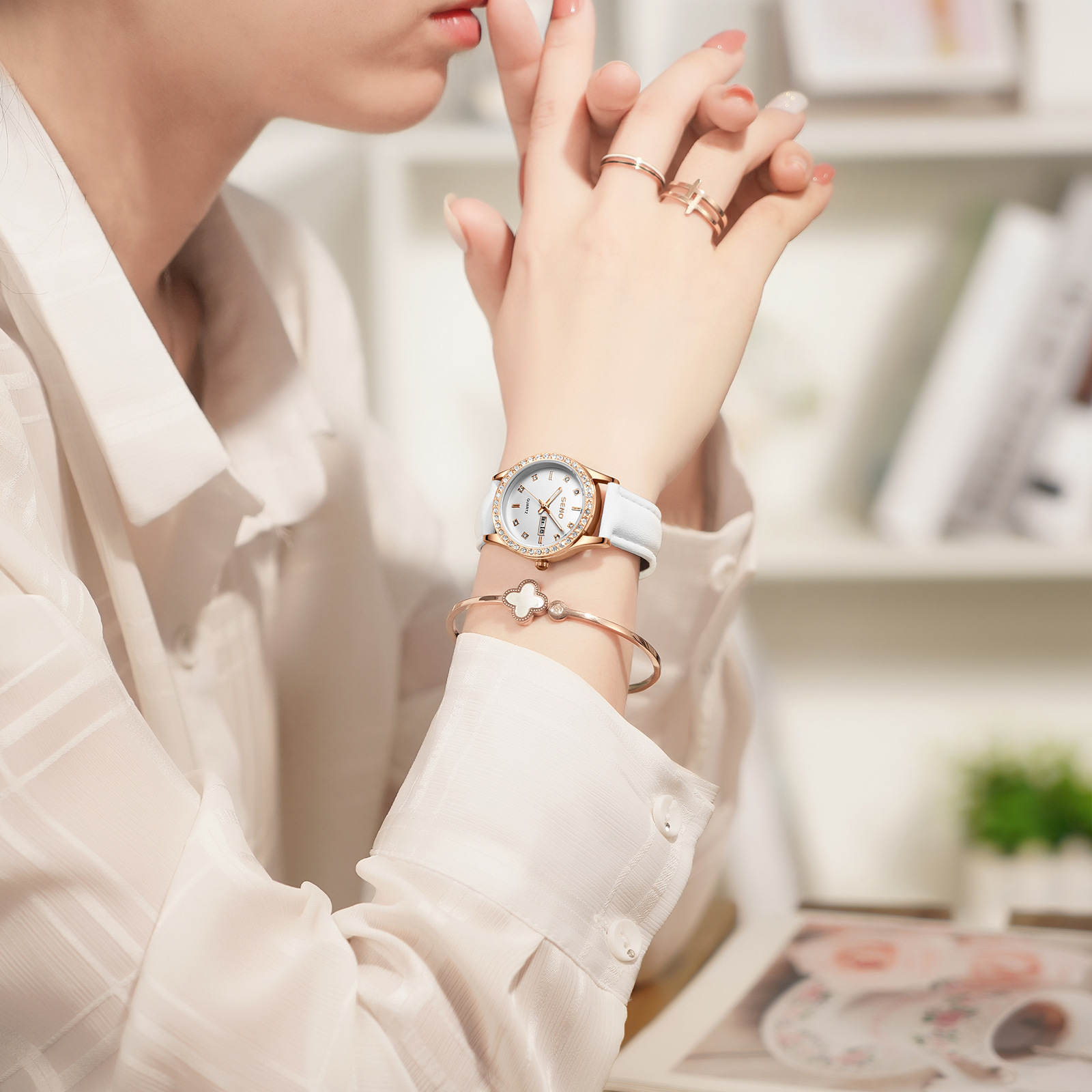 Douyin Popular Korean Fully Automatic Alloy Women's Imitation Leather Watch Dual Calendar Luminous Waterproof Student Quartz Watch