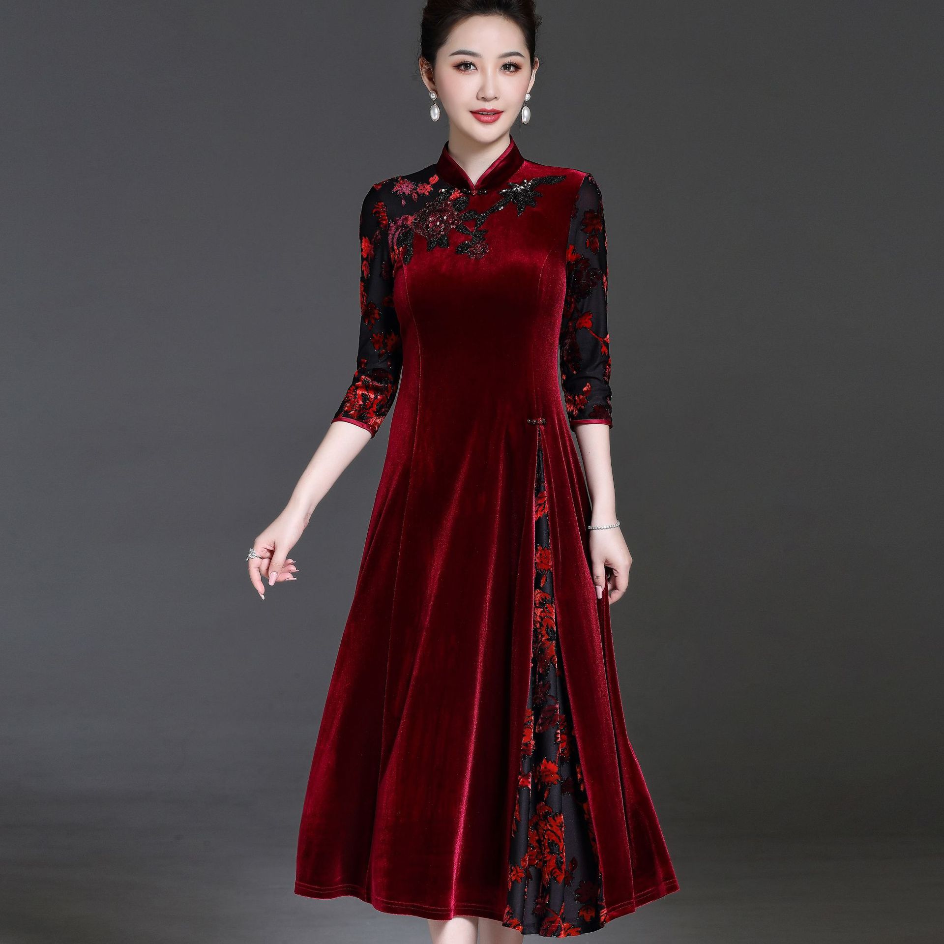 Платье из золотого бархата для женщин среднего и пожилого возраста, популярное платье для свадьбы, юбка чонгсам для свекрови