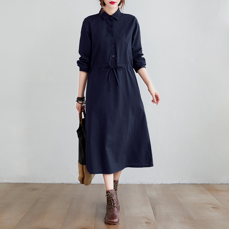 Real Shot of 2025 Spring & Fall Literary Retro Loose Large Size Women's Cotton and Linen Dress Single-Breasted Long-Sleeved Shirt Dress