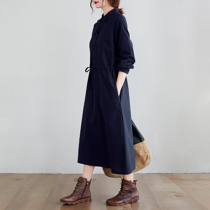 Real Shot of 2025 Spring & Fall Literary Retro Loose Large Size Women's Cotton and Linen Dress Single-Breasted Long-Sleeved Shirt Dress