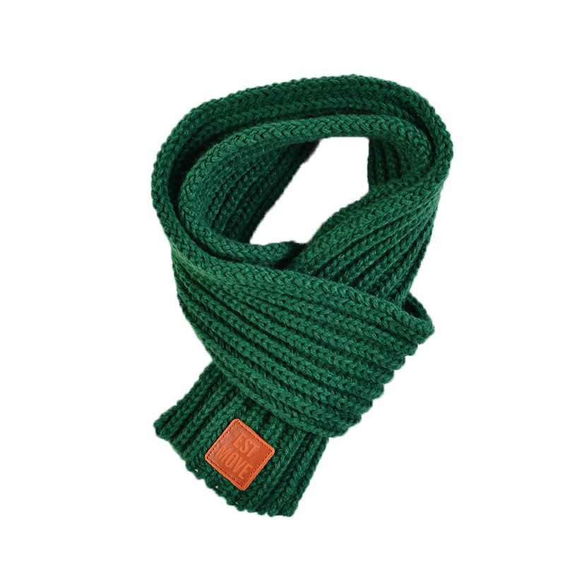W1 K-Style 2024 New Wool Knitted Leather Label Scarf for Boys and Girls Pure Color Simple Autumn and Winter Baby Warmth