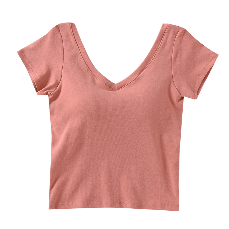 New V-neck round neck waist cotton belt breast pad bra-free cup one-piece half-sleeve T-shirt short-sleeve home yoga women