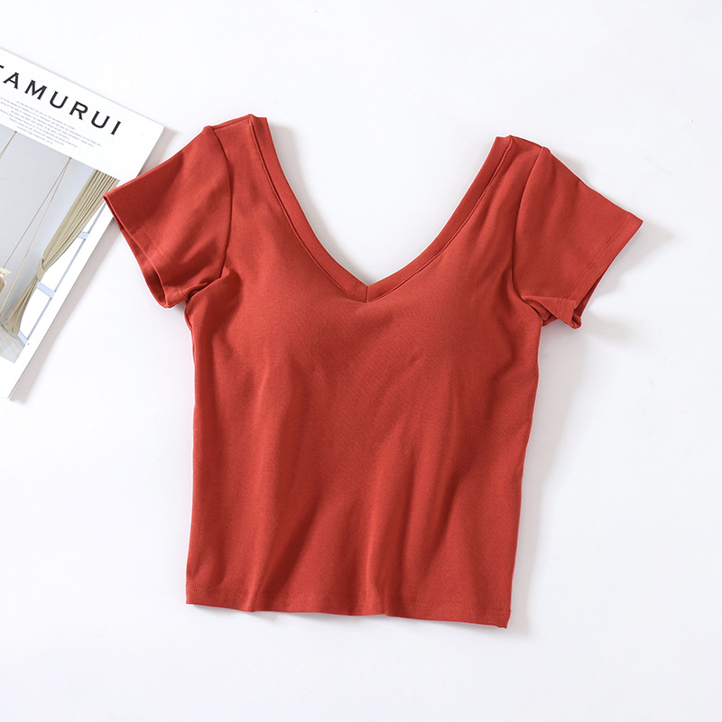 New V-neck round neck waist cotton belt breast pad bra-free cup one-piece half-sleeve T-shirt short-sleeve home yoga women