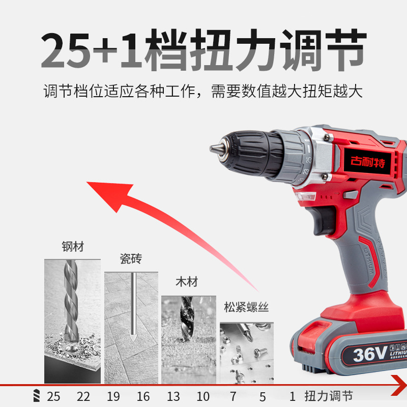 Tuohe's New 36V Rechargeable Two-Speed Lithium Impact Drill 12V Household Hand Drill Electric Screwdriver Manufacturer Wholesale