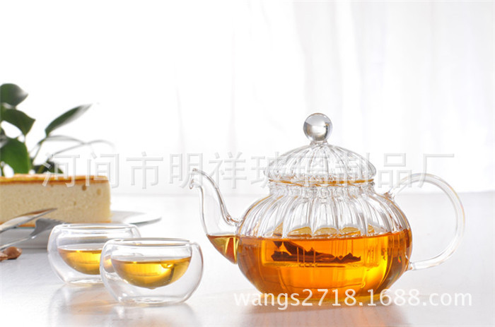Wholesale High Borosilicate Heat-Resistant Glass Tea Set Thickened Filter Flower Teapot Striped Pumpkin Pot Set Dropshipping