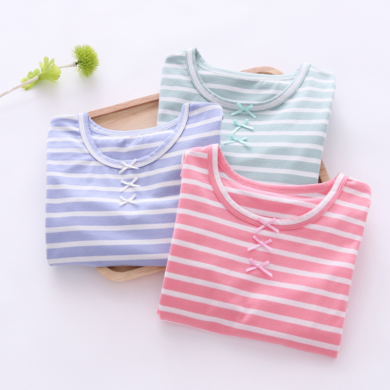 Parents Pro 18 Spring and Summer Girls Cotton Nightgown Long Sleeve Striped Bow Baby Girl Pajamas Air-conditioning Clothes Home Clothes