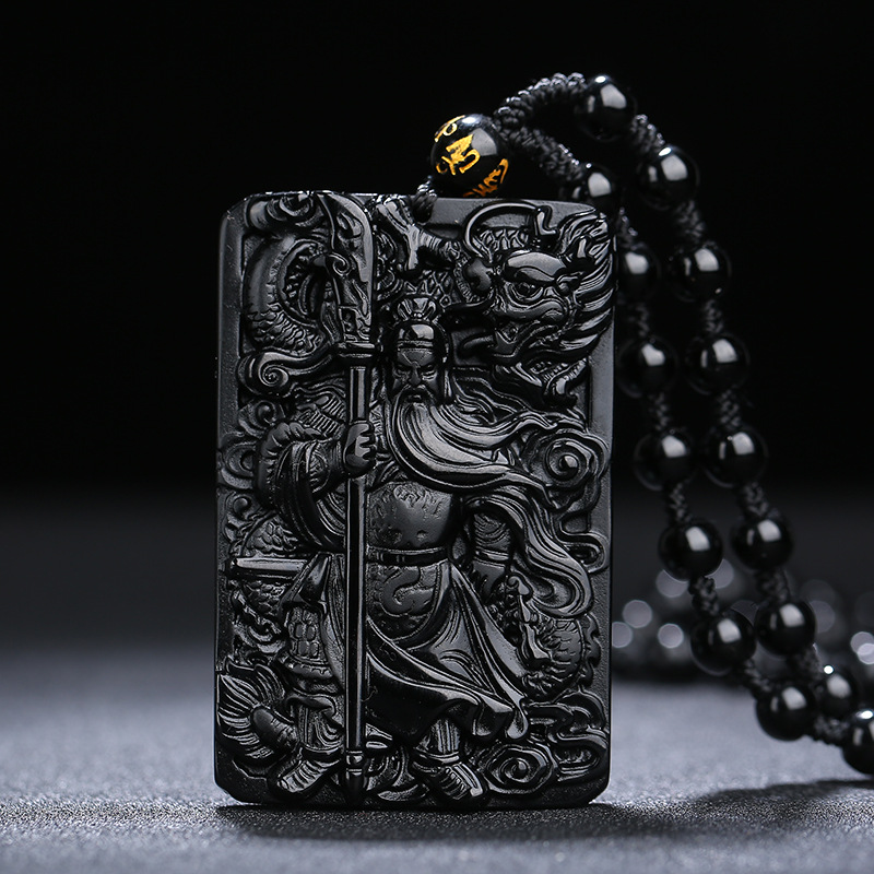 Chengshi Jewelry Natural New Black Gold Obsidian Guan Gong Pendant Men's Domineering Men's Necklace Women's Piece