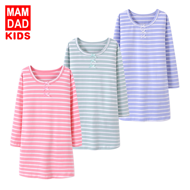 Родительский Pro, весна-лето 18, ночная рубашка для девочек из хлопка, длинные рукава, полосатый бантик, пижамы для девочек, одежда с кондиционером