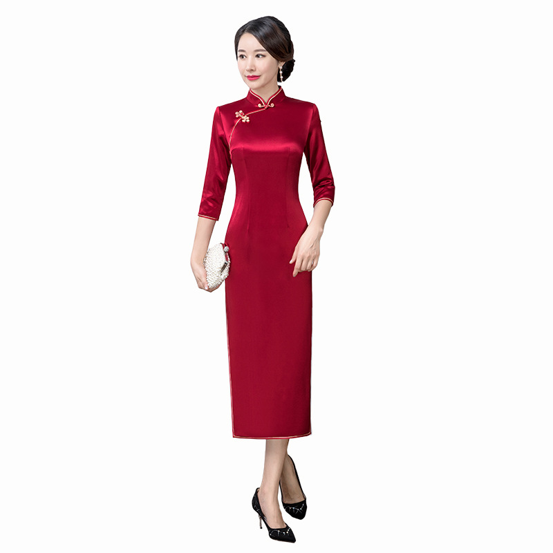 Hongyun Embroidered Acetic Acid New Cheongsam Dress Improved Slim-fit Vintage Seven-point Sleeve Long Women's Wedding Toast Large Size