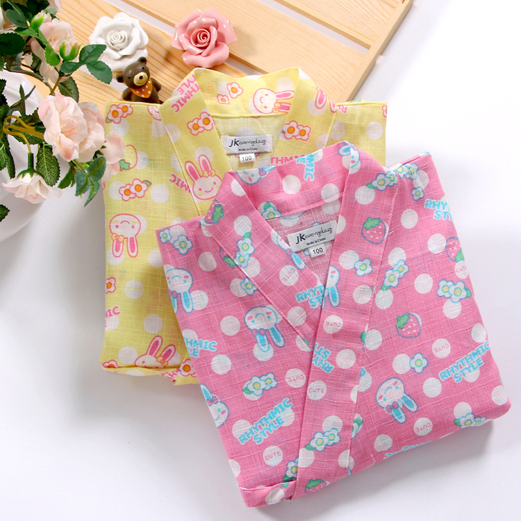 Spring and Summer Slub Cotton Children's Kimono Cartoon Japanese Style Home Clothes Girls' Pajamas Bathrobe Sweatshirt Cotton Linen