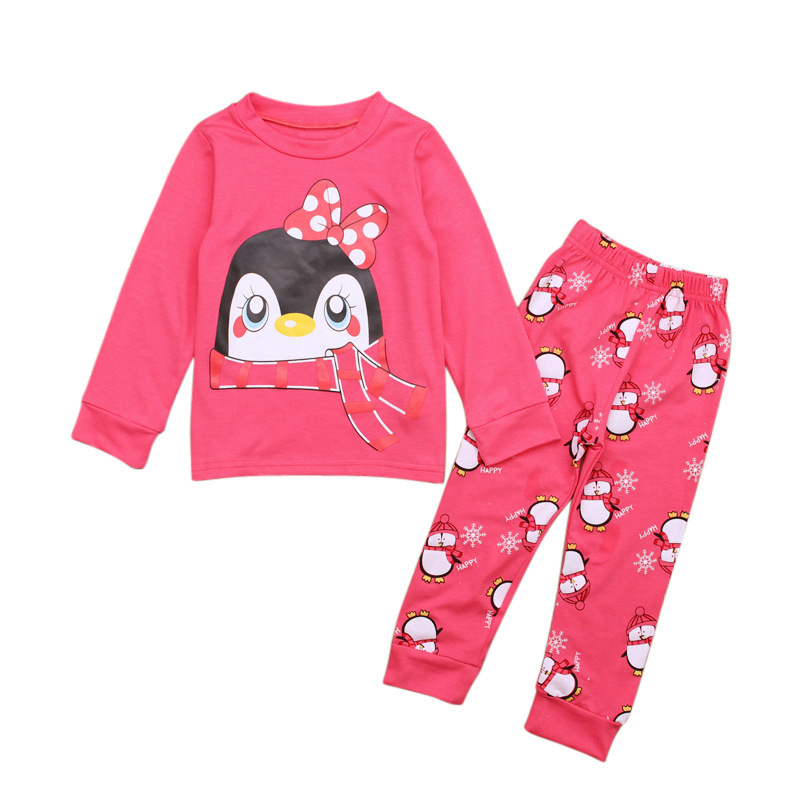 Children's European and American Spring and Autum Girls' Penguin Long-Sleeved T-Shirt + Pants Two-Piece Home Clothes Kidsren's Suit Ins
