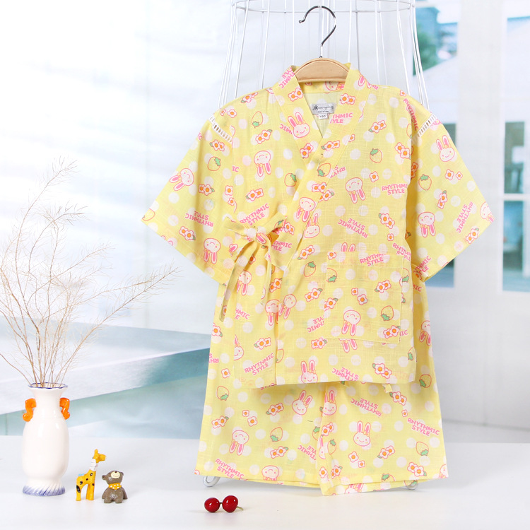 Spring and Summer Slub Cotton Children's Kimono Cartoon Japanese Style Home Clothes Girls' Pajamas Bathrobe Sweatshirt Cotton Linen