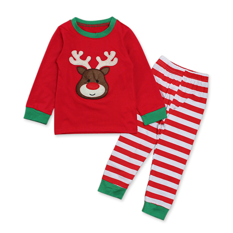 Girls' European and American Spring and Autum Christmas Long-sleeved Elk Tops + Stripesd Pants Home Clothes Kidsren's Suits ins