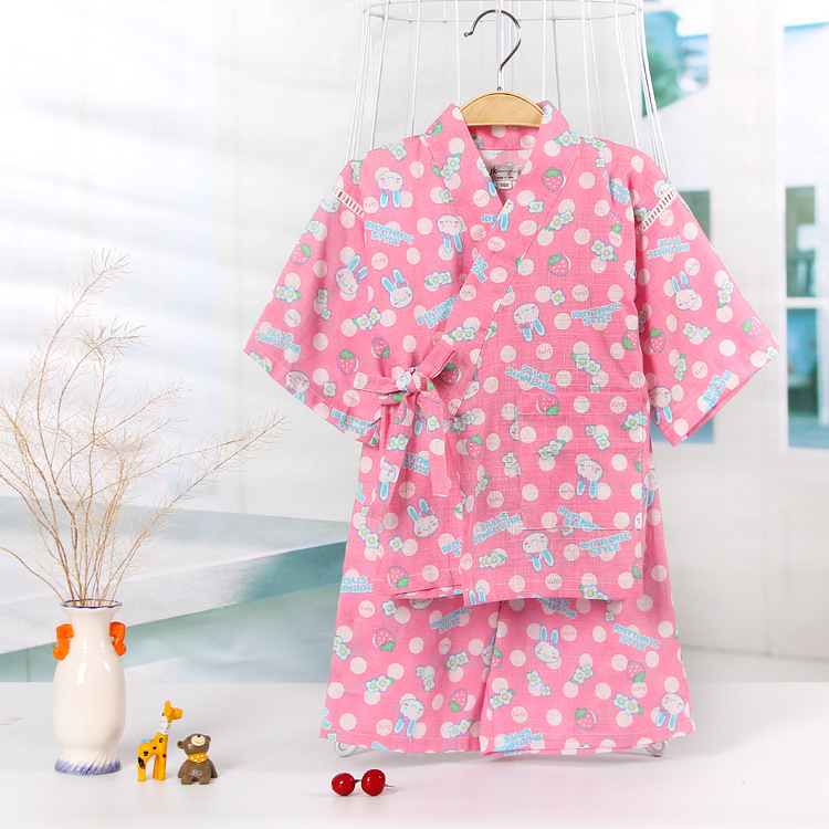 Spring and Summer Slub Cotton Children's Kimono Cartoon Japanese Style Home Clothes Girls' Pajamas Bathrobe Sweatshirt Cotton Linen