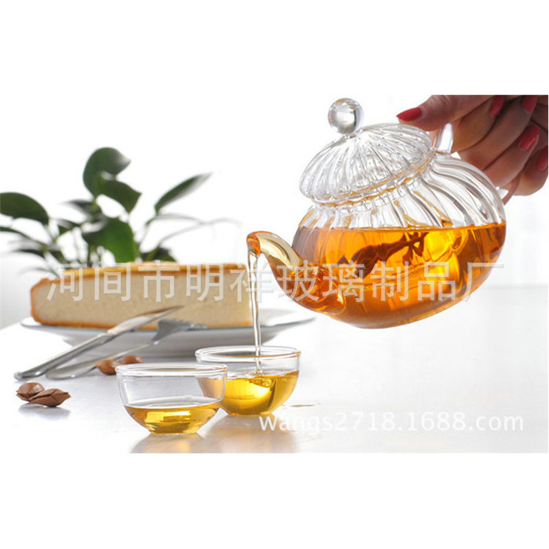 Wholesale High Borosilicate Heat-Resistant Glass Tea Set Thickened Filter Flower Teapot Striped Pumpkin Pot Set Dropshipping