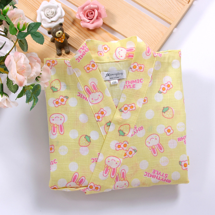 Spring and Summer Slub Cotton Children's Kimono Cartoon Japanese Style Home Clothes Girls' Pajamas Bathrobe Sweatshirt Cotton Linen