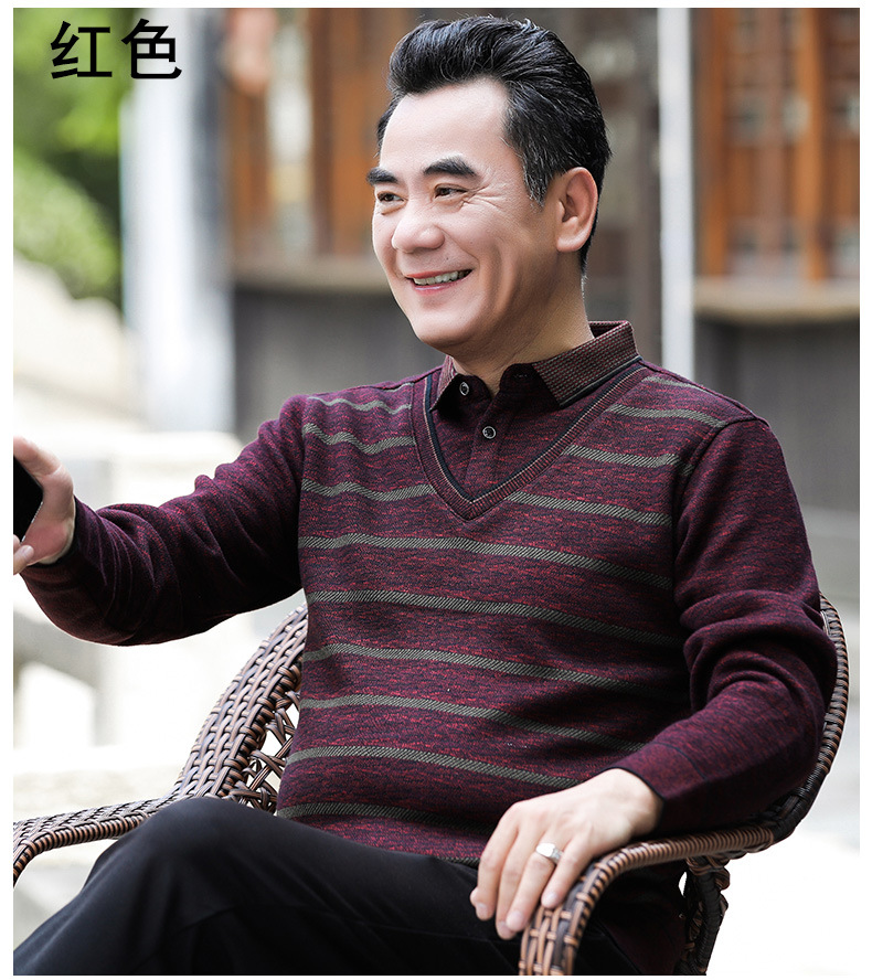 Middle-aged Men's Fleece-lined Sweater Knitted Sweater Men's Middle-aged and Elderly People's Fleece-lined Thickened Fake Two-piece Sweater Men's Father's Winter Clothes
