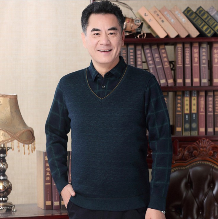 Middle-aged Men's Fleece-lined Sweater Knitted Sweater Men's Middle-aged and Elderly People's Fleece-lined Thickened Fake Two-piece Sweater Men's Father's Winter Clothes