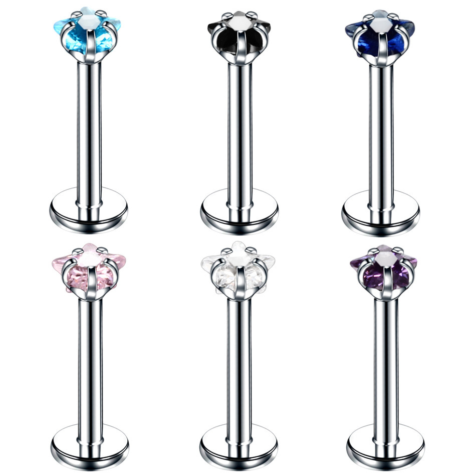 Multi-Color Five-Pointed Star 3A Zircon Lip Nail European and American Body Piercing Jewelry Cross-Border Best-Selling Manufacturer Supply Dropshipping