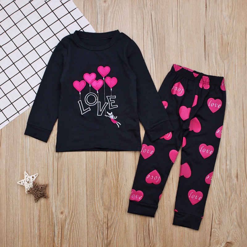 Children's European and American Spring and AuTum Girls love HearT Long-sleeved T-shirT + PanTs Two-piece SeT Home CloThes Kidsren's CloThing ins