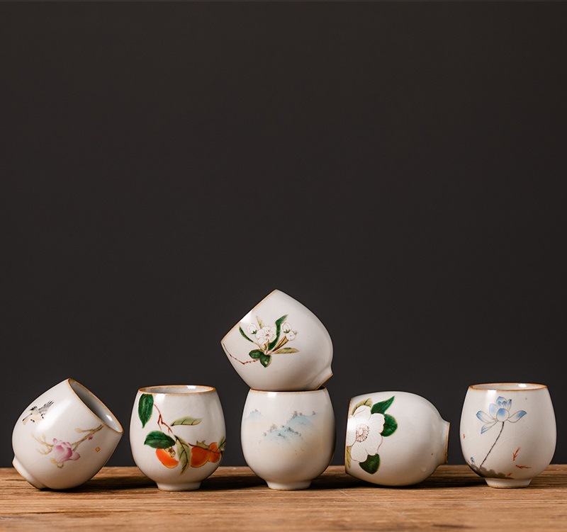 Antique-Style Yuebai Ru Kiln Tea Set Tea Cup Personal Cup Master Cup Ceramic Crackle Glaze Tea Brewing Cup Tasting Cup Landscape Style